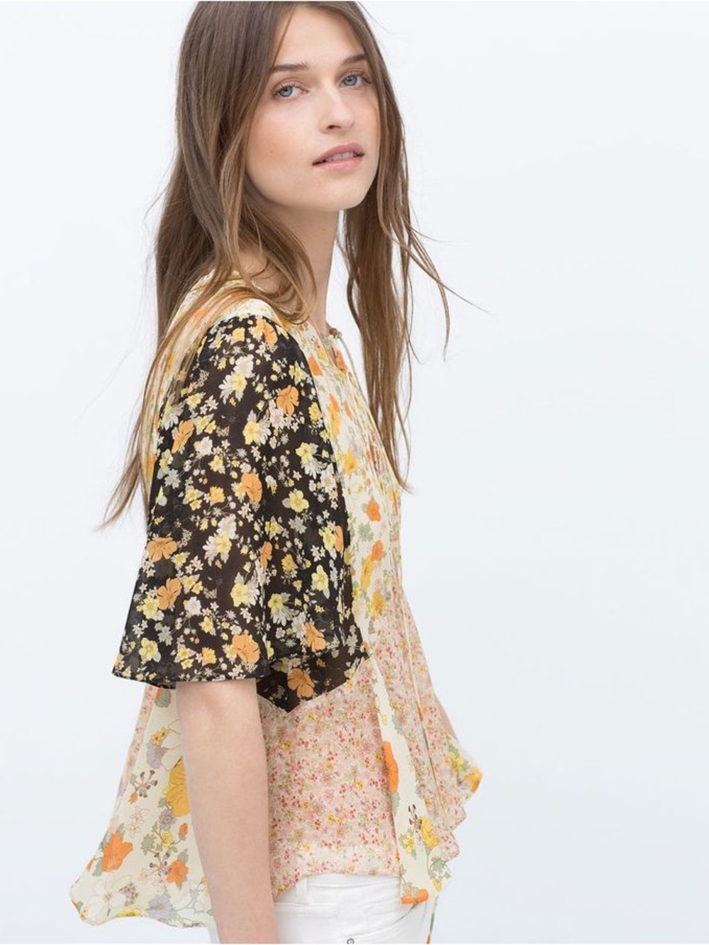 Zara Mixed Floral Patchwork Blouse - Flowy Boho Festival Vibes - Tie-Front